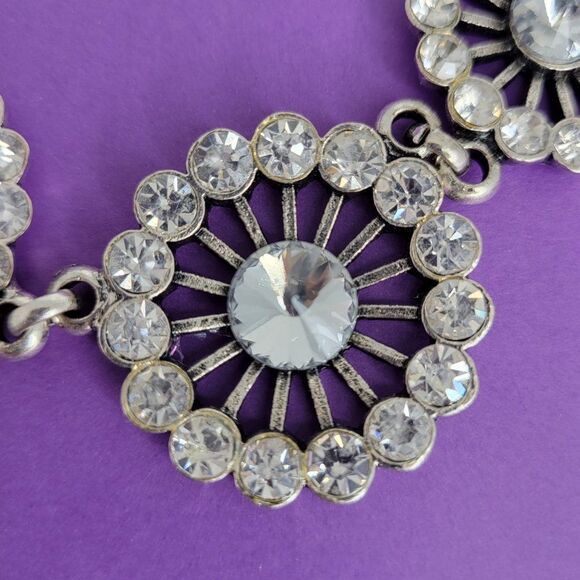 Silver FloralCrystal Choker,  Bib Necklace with Crystals - Picture 11 of 12